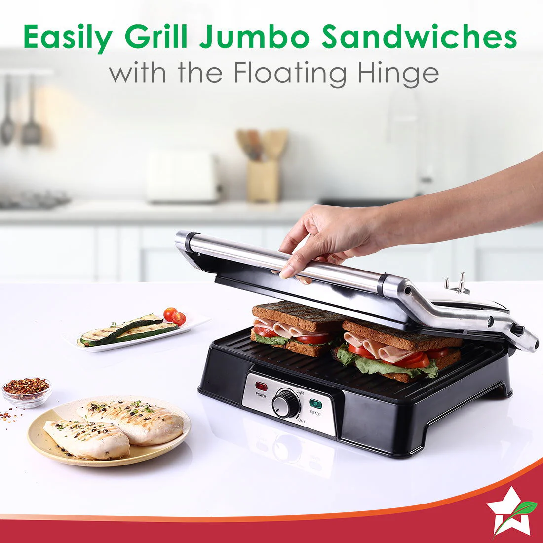 Sanjeev Kapoor Tandoor Professional| Electric Contact Grill & Sandwich Maker|3-in-1 Appliance|2000 Watt|180 Degree Grilling|Cool Touch Handle|LED Indicator|2 Year Warranty|Black & Silver - Image 3