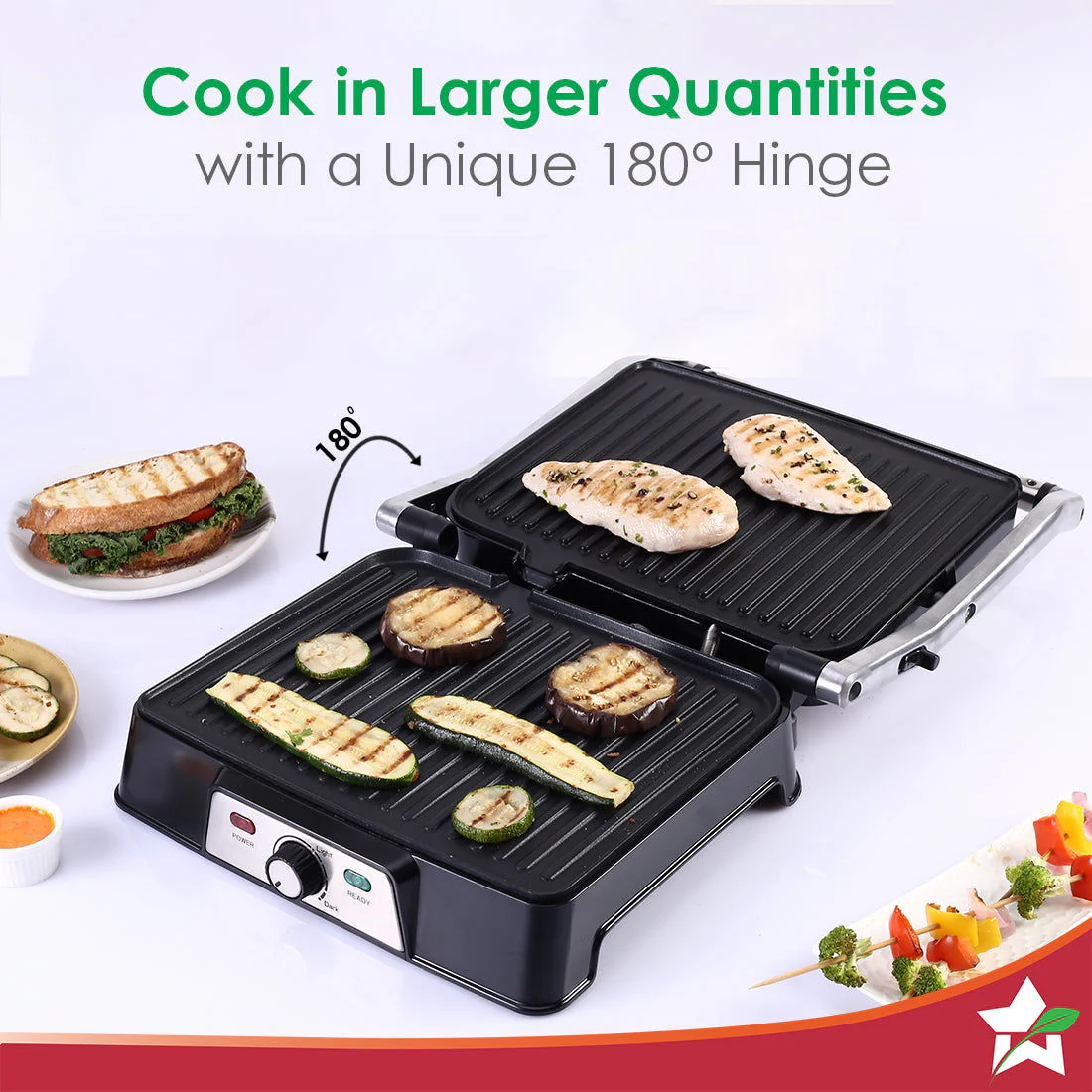Sanjeev Kapoor Tandoor Professional| Electric Contact Grill & Sandwich Maker|3-in-1 Appliance|2000 Watt|180 Degree Grilling|Cool Touch Handle|LED Indicator|2 Year Warranty|Black & Silver - Image 5