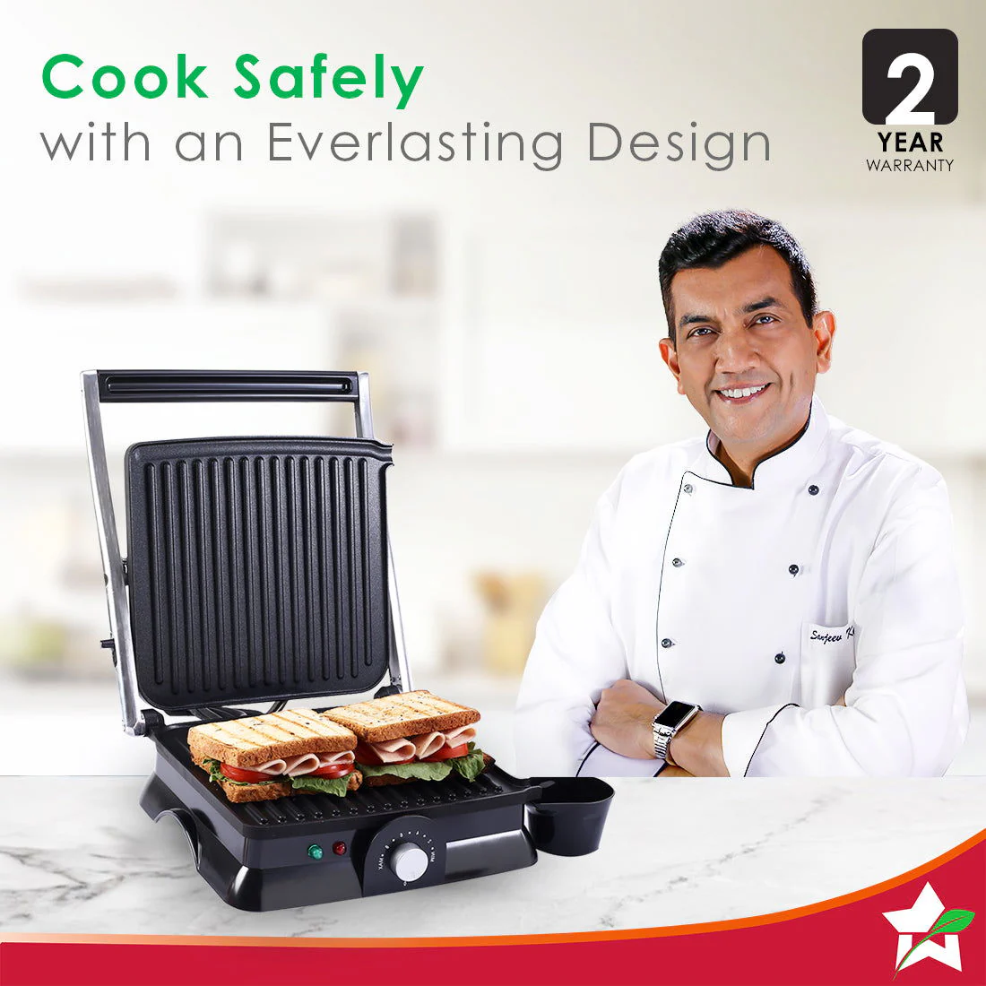 Sanjeev Kapoor Tandoor Family Size| Electric Contact Grill & Sandwich Maker| 3-in-1 Appliance|1600 Watt|180 Degree Grilling|Cool Touch Handle|Auto Shut Off|2 Year Warranty| Black & Silver - Image 2