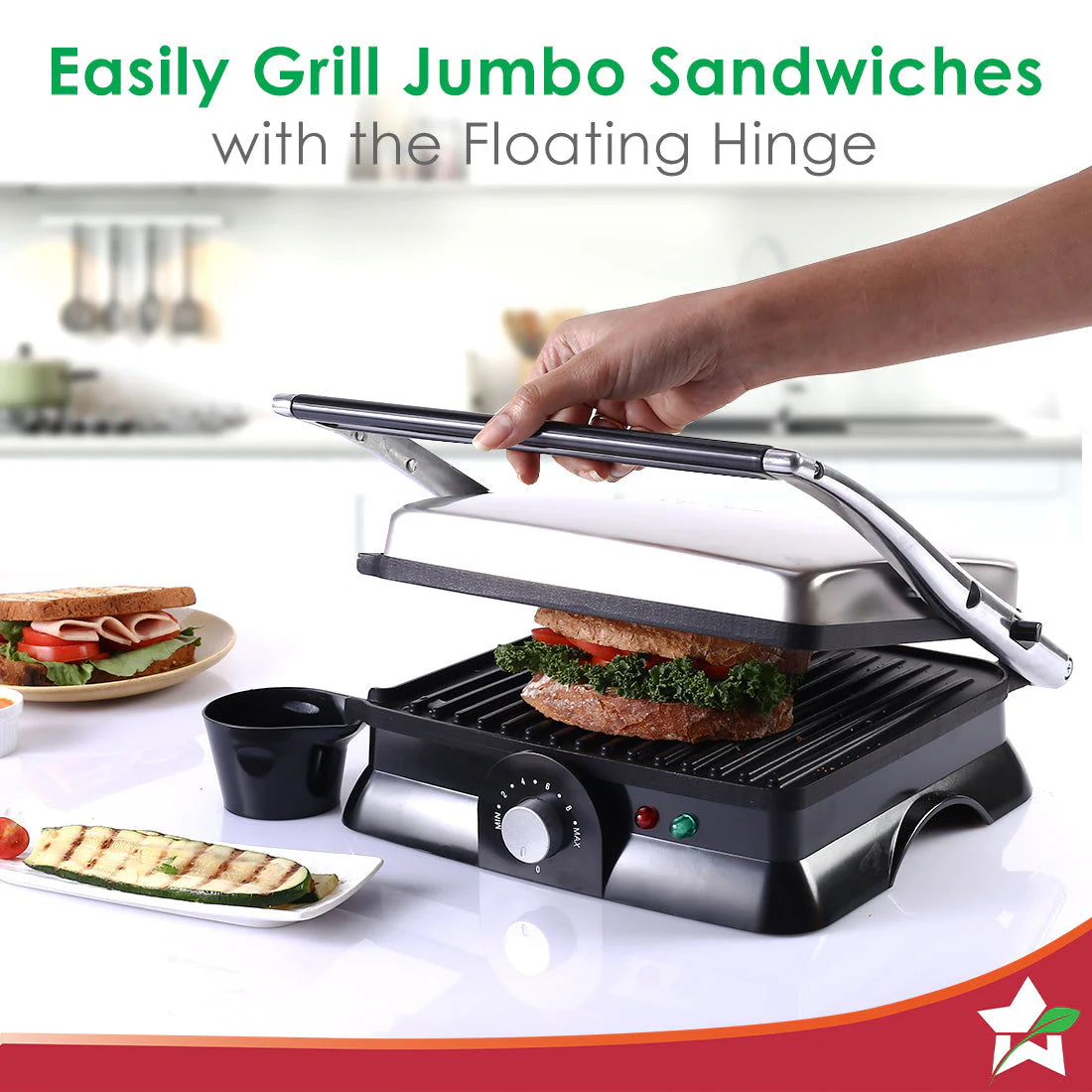 Sanjeev Kapoor Tandoor Family Size| Electric Contact Grill & Sandwich Maker| 3-in-1 Appliance|1600 Watt|180 Degree Grilling|Cool Touch Handle|Auto Shut Off|2 Year Warranty| Black & Silver - Image 3