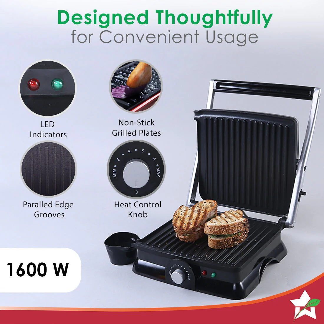 Sanjeev Kapoor Tandoor Family Size| Electric Contact Grill & Sandwich Maker| 3-in-1 Appliance|1600 Watt|180 Degree Grilling|Cool Touch Handle|Auto Shut Off|2 Year Warranty| Black & Silver - Image 4