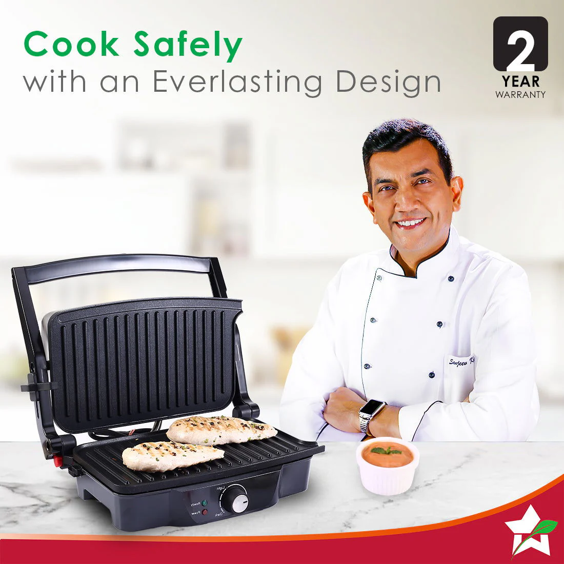 Sanjeev Kapoor Tandoor| Electric Contact Grill & Sandwich Maker |3-in-1 Appliance|1500 Watt|180 Degree Grilling|Cool Touch Handle|Auto Shut Off|LED Indicator|2 Year Warranty|Black & Silver - Image 2