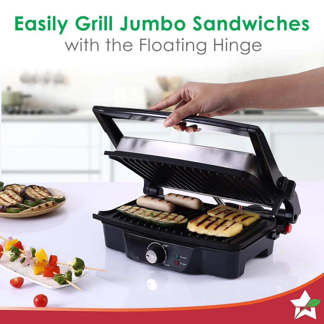 Sanjeev Kapoor Tandoor| Electric Contact Grill & Sandwich Maker |3-in-1 Appliance|1500 Watt|180 Degree Grilling|Cool Touch Handle|Auto Shut Off|LED Indicator|2 Year Warranty|Black & Silver - Image 3