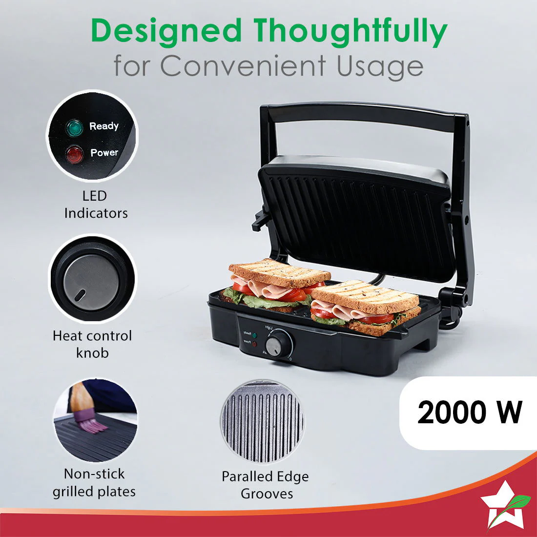 Sanjeev Kapoor Tandoor| Electric Contact Grill & Sandwich Maker |3-in-1 Appliance|1500 Watt|180 Degree Grilling|Cool Touch Handle|Auto Shut Off|LED Indicator|2 Year Warranty|Black & Silver - Image 6
