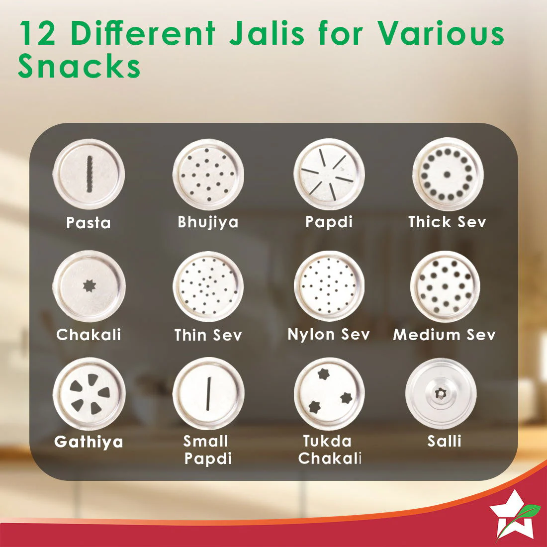Snacks Maker with 12 different jalis, High-grade Stainless Stell Plates for making Sev, Bhujiya, Papdi, Gathiya, Murukku, Chakli, Kitchen Tool for making Namkeen Snacks, Farsan Maker - Image 3