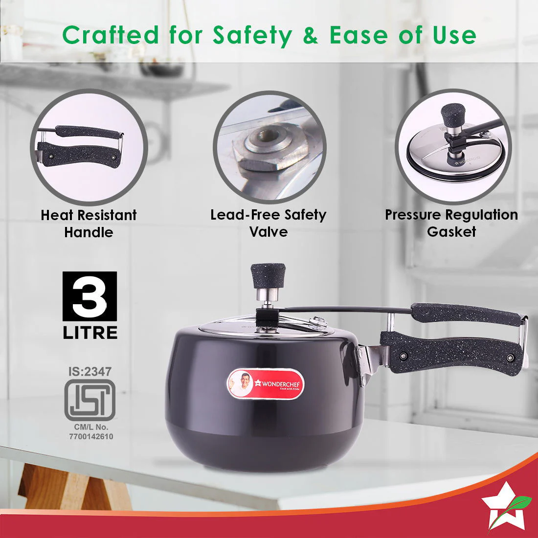 Taurus Hard Anodized 3L Inner Lid Pressure Cooker | Soft Touch Handles for Durability Induction Friendly | Black - Image 3