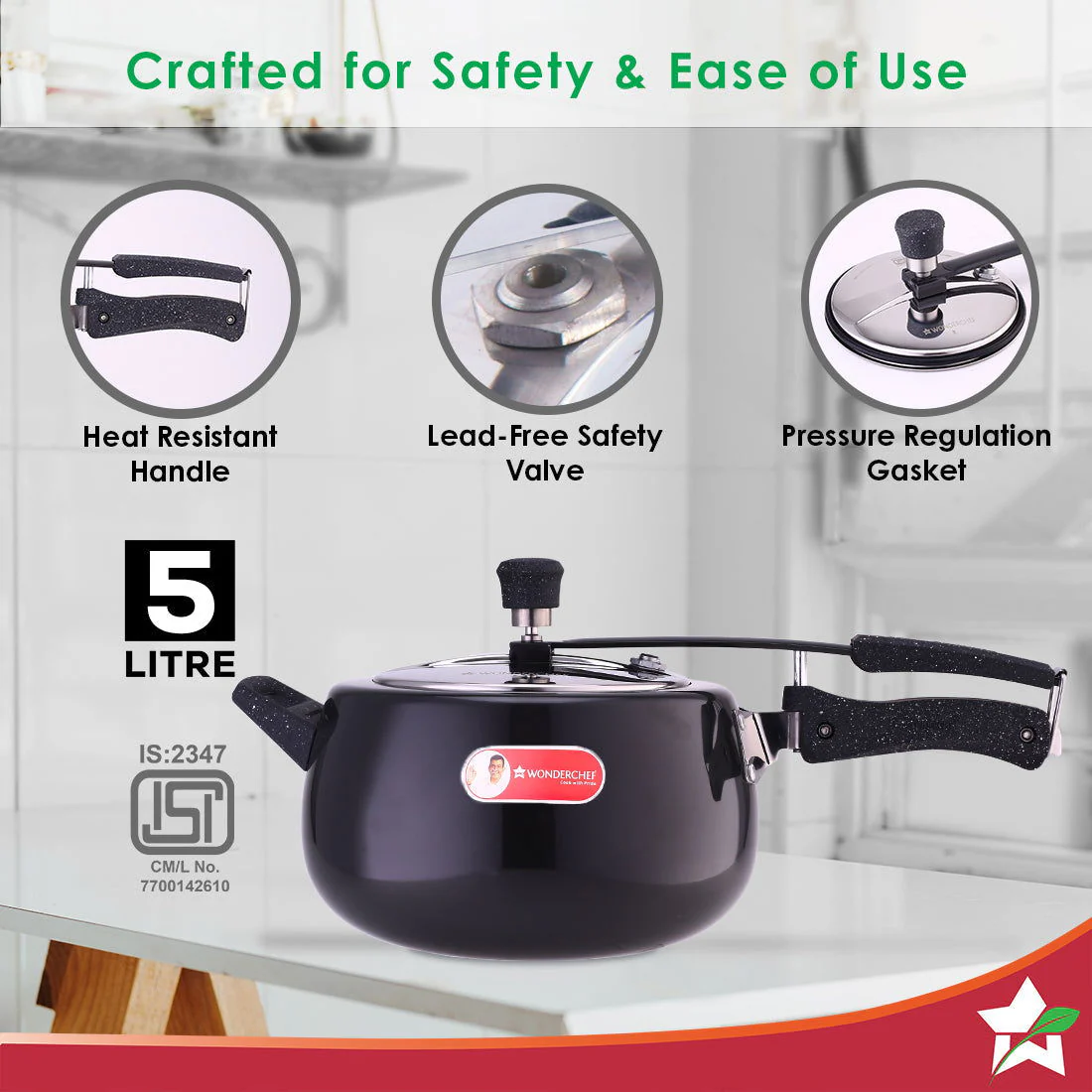 Taurus Hard Anodized 5L Inner Lid Pressure Cooker | Soft Touch Handles for Durability | Induction Friendly | Black - Image 3