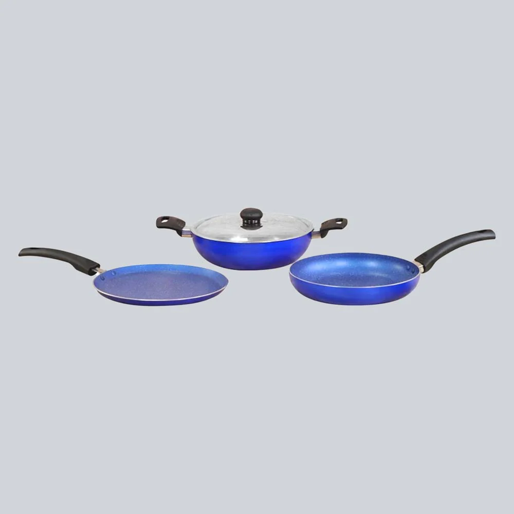 Trendy Nonstick Set, 4Pc (Kadhai With Stainless Steel Lid, Frying Pan, Dosa Tawa), Cool Touch Handles, Pure Grade Aluminium, PFOA Free, 2 Years Warranty, Blue