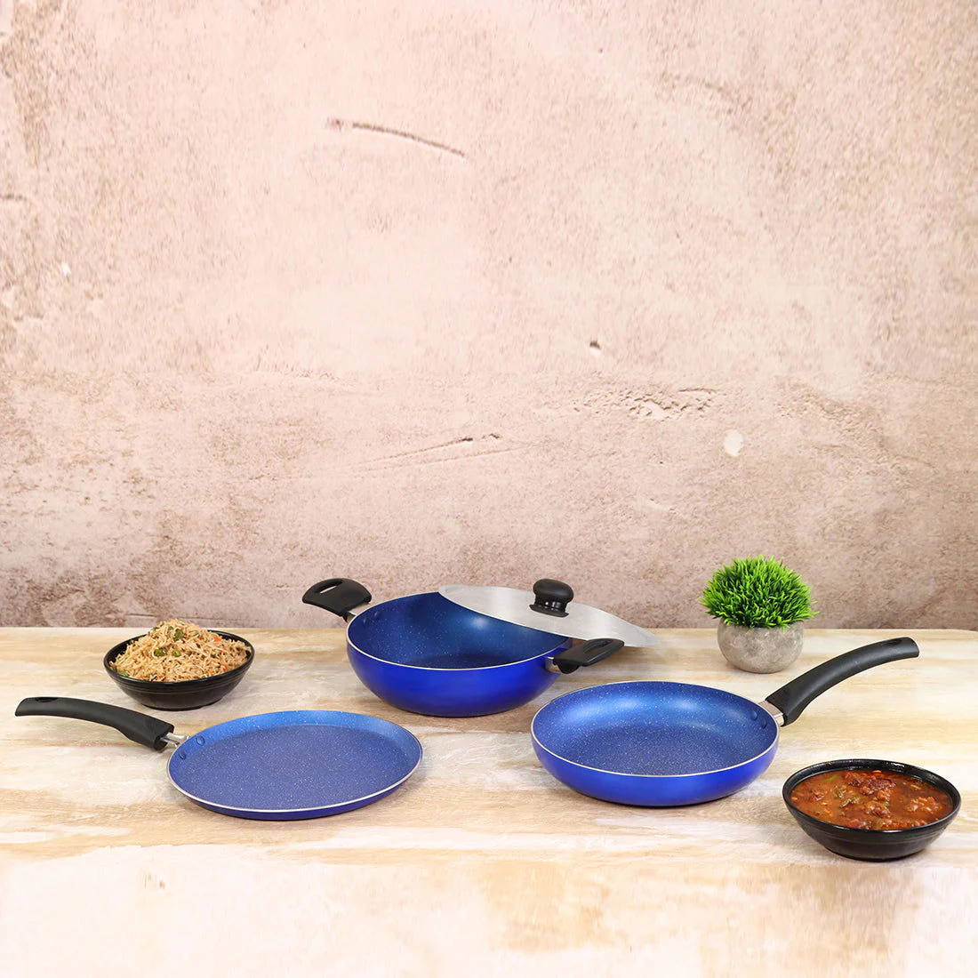 Trendy Nonstick Set, 4Pc (Kadhai With Stainless Steel Lid, Frying Pan, Dosa Tawa), Cool Touch Handles, Pure Grade Aluminium, PFOA Free, 2 Years Warranty, Blue - Image 6