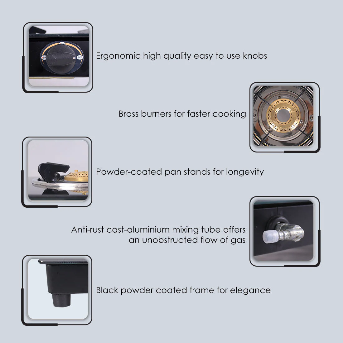 Ultima 2 Burner Manual Glass Gas Stove | 6mm Toughened Glass Gas Stove | Stainless Steel Drip Tray | Anti-Skid Legs | Large Pan support | Manual Ignition | 360 Degree Revolving Nozzle | Black Steel frame | 2 Year Warranty | Black - Image 6