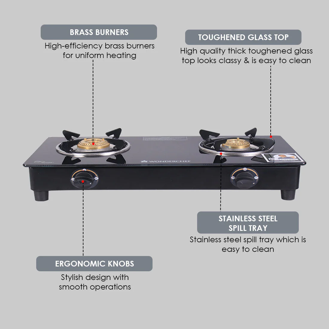 Ultima 2 Burner Manual Glass Gas Stove | 6mm Toughened Glass Gas Stove | Stainless Steel Drip Tray | Anti-Skid Legs | Large Pan support | Manual Ignition | 360 Degree Revolving Nozzle | Black Steel frame | 2 Year Warranty | Black - Image 7