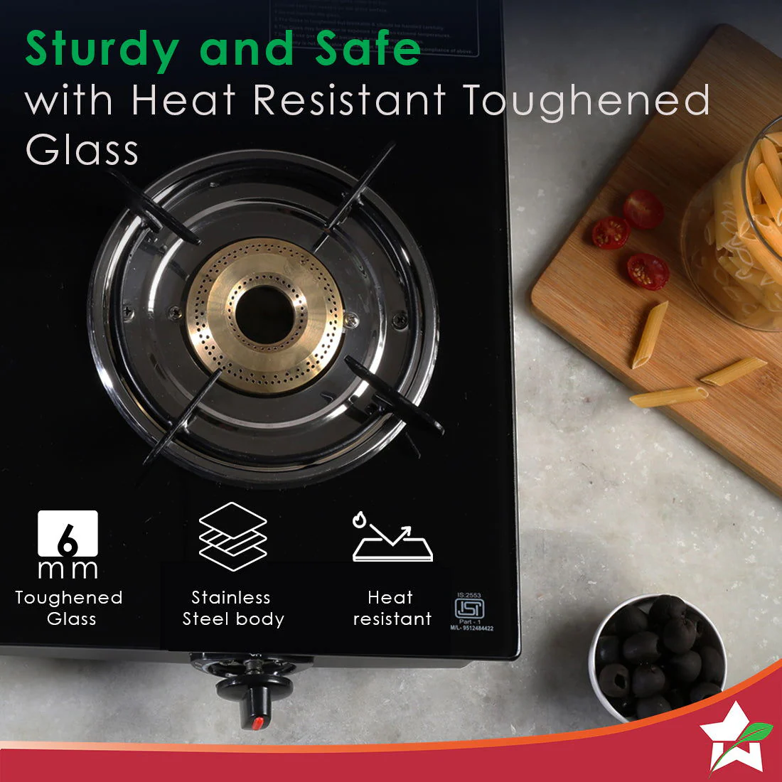 Ultima 3 Burner Manual Glass Gas Stove | 6mm Toughened Glass Gas Stove | Stainless Steel Drip tray | Anti-Skid Legs | Large Pan support | Manual Ignition | 360 degree Revolving Nozzle | Black steel frame | 2 Year Warranty | Black - Image 4