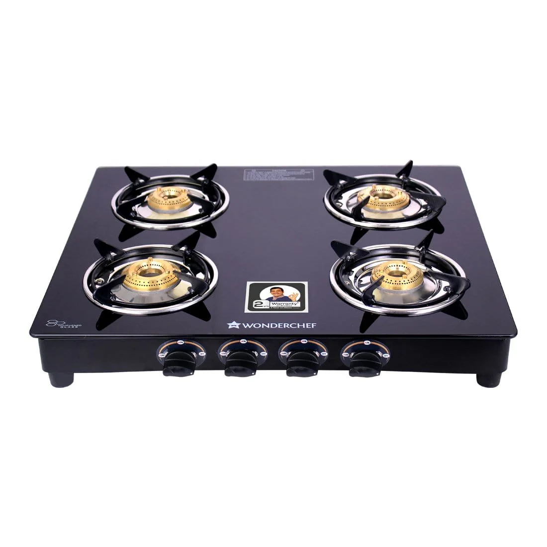 Ultima 4 Burner Manual Glass Gas Stove | 6mm Toughened Glass Gas Stove | Stainless Steel Drip tray | Anti-Skid Legs | Large Pan support | Manual Ignition | 360 degree Revolving Nozzle | Black steel frame | 2 Year Warranty | Black