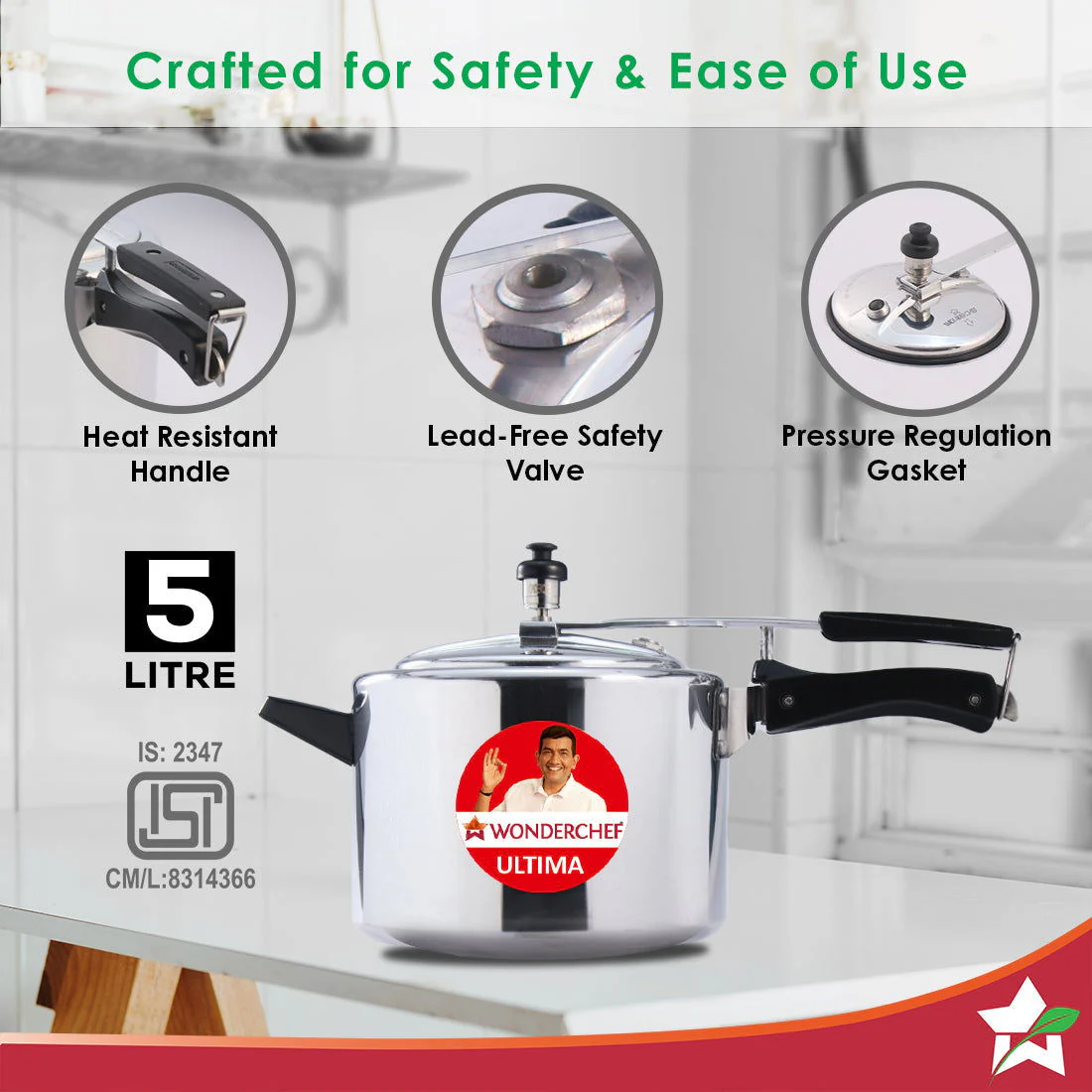 Ultima Induction Base 5L Aluminium Pressure Cooker With inner Lid - Image 3