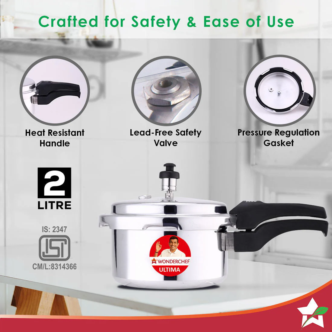 Ultima Induction Base 2L Aluminium Pressure Cooker With Outer Lid - Image 3