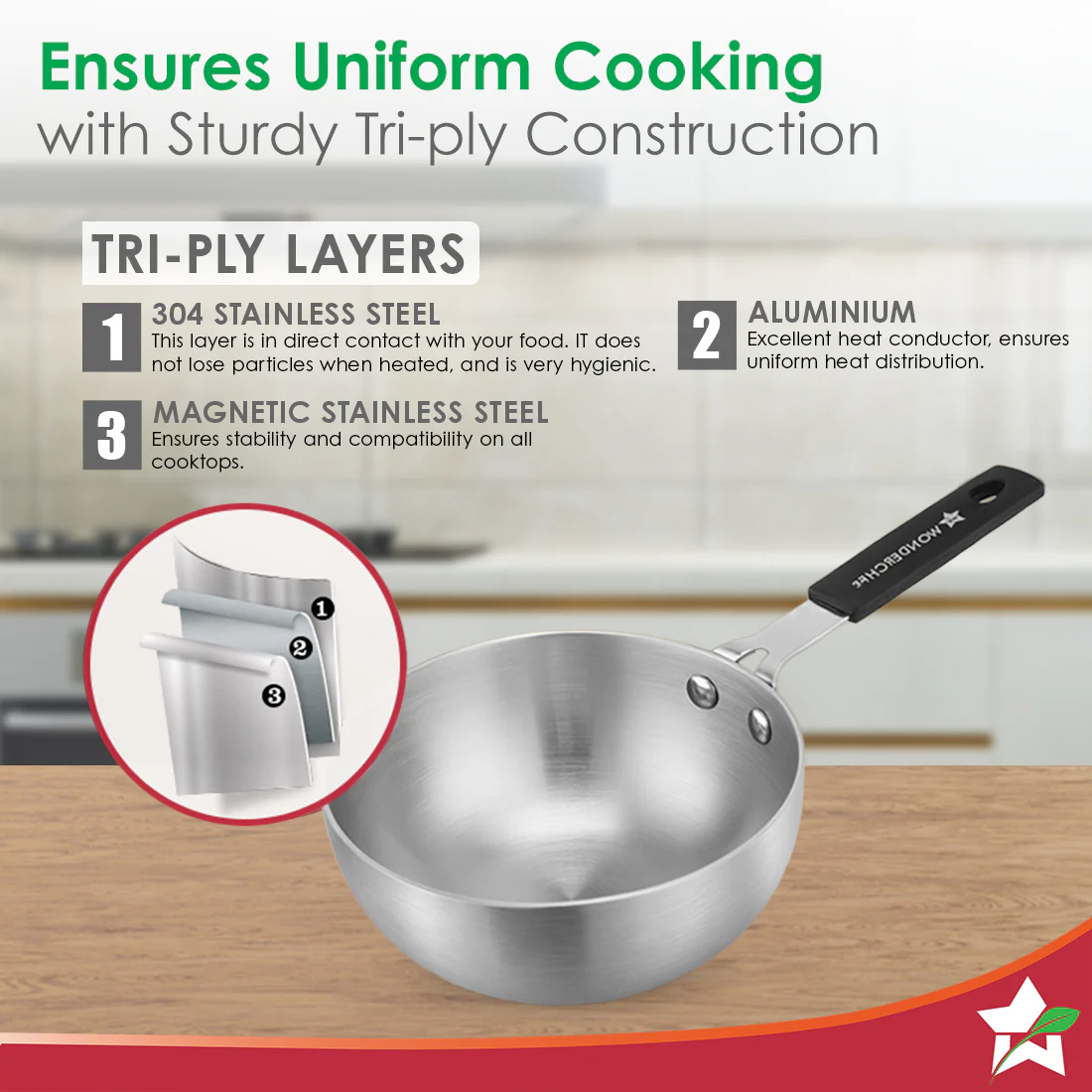 Venice Tri-ply Stainless-steel Mini Wok Tadka Pan | 650 ml, 14 cm | Cool-touch Silicone Handle | Warp-resistant, 100% Food-grade Material | Compatible with All Cooktops | 1-year Warranty - Image 4