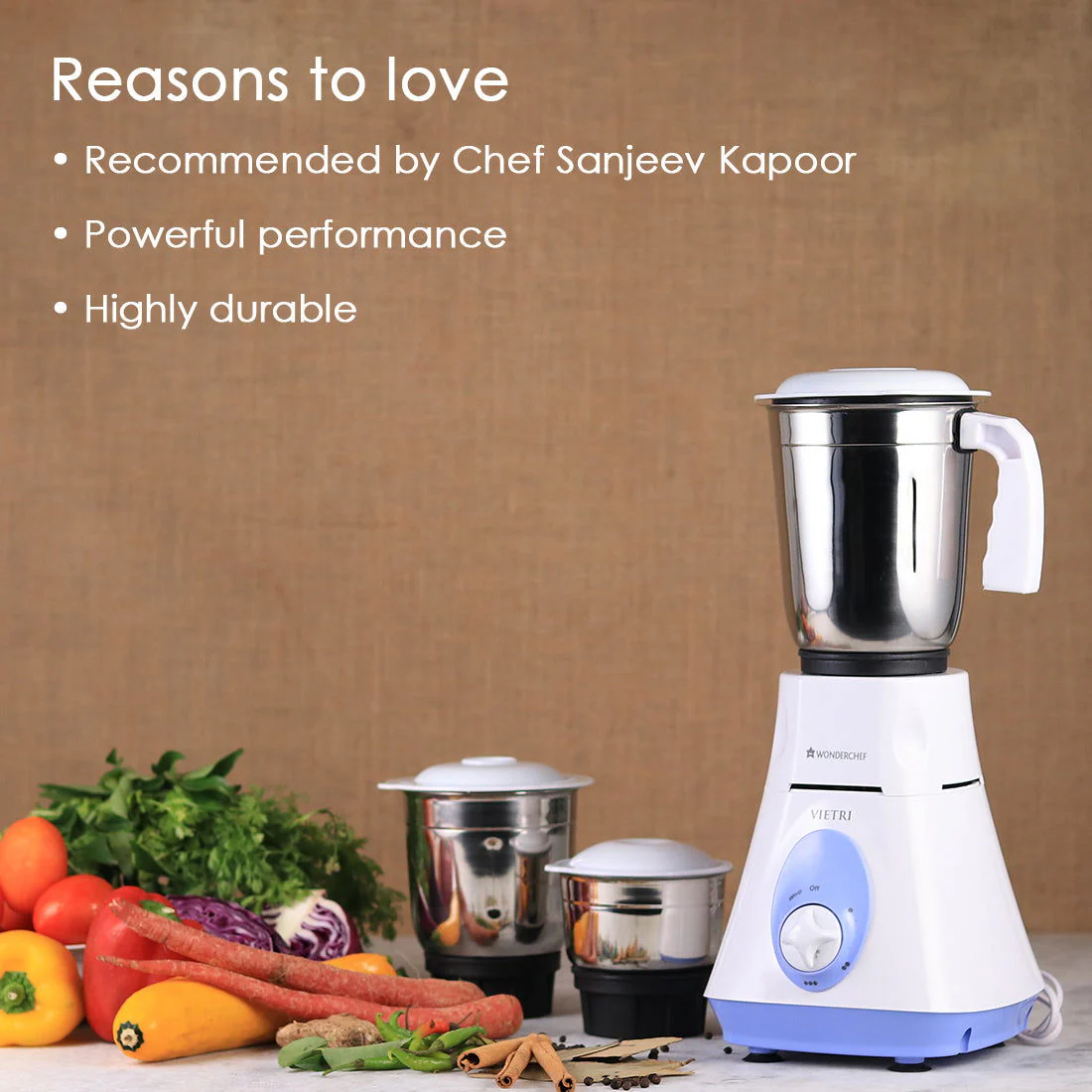 Wonderchef Vietri Mixer Grinder 500W With 3 Stainless Steel Jars (White & Blue) - Image 13