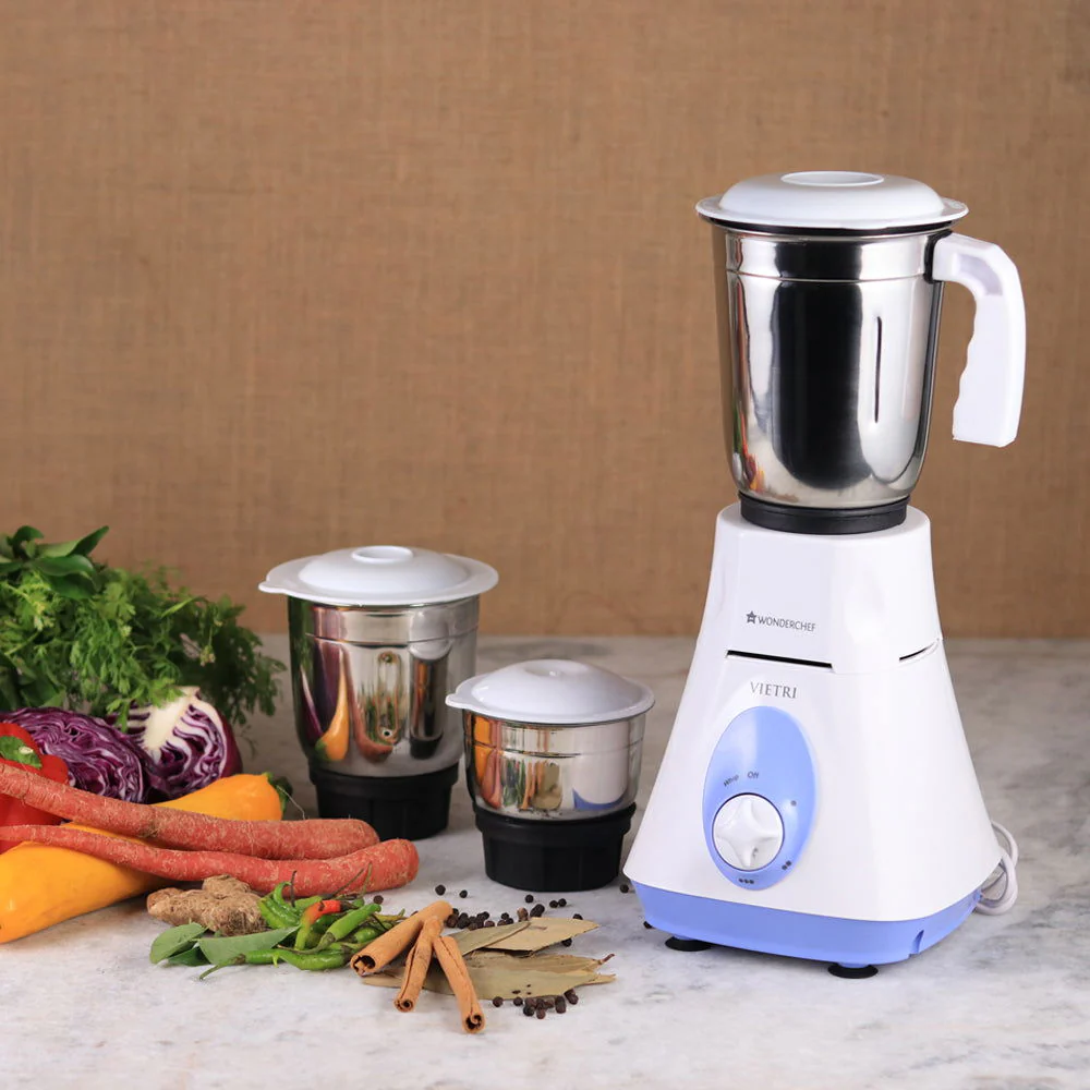Wonderchef Vietri Mixer Grinder 500W With 3 Stainless Steel Jars (White & Blue) - Image 2