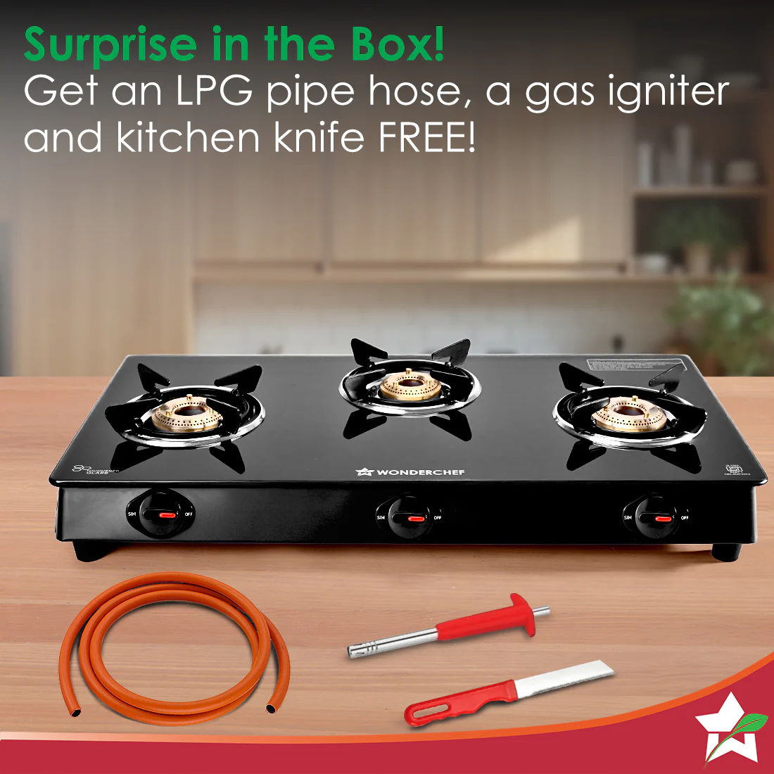 Zest Neo Gas Stove | 3 Burners (2 Medium, 1 Small) | Premium Glass Surface | Space Saving Design | Brass Burners | ISI Approved | Free Gas Lighter and Kitchen Knife | 2-Year Warranty - Image 5