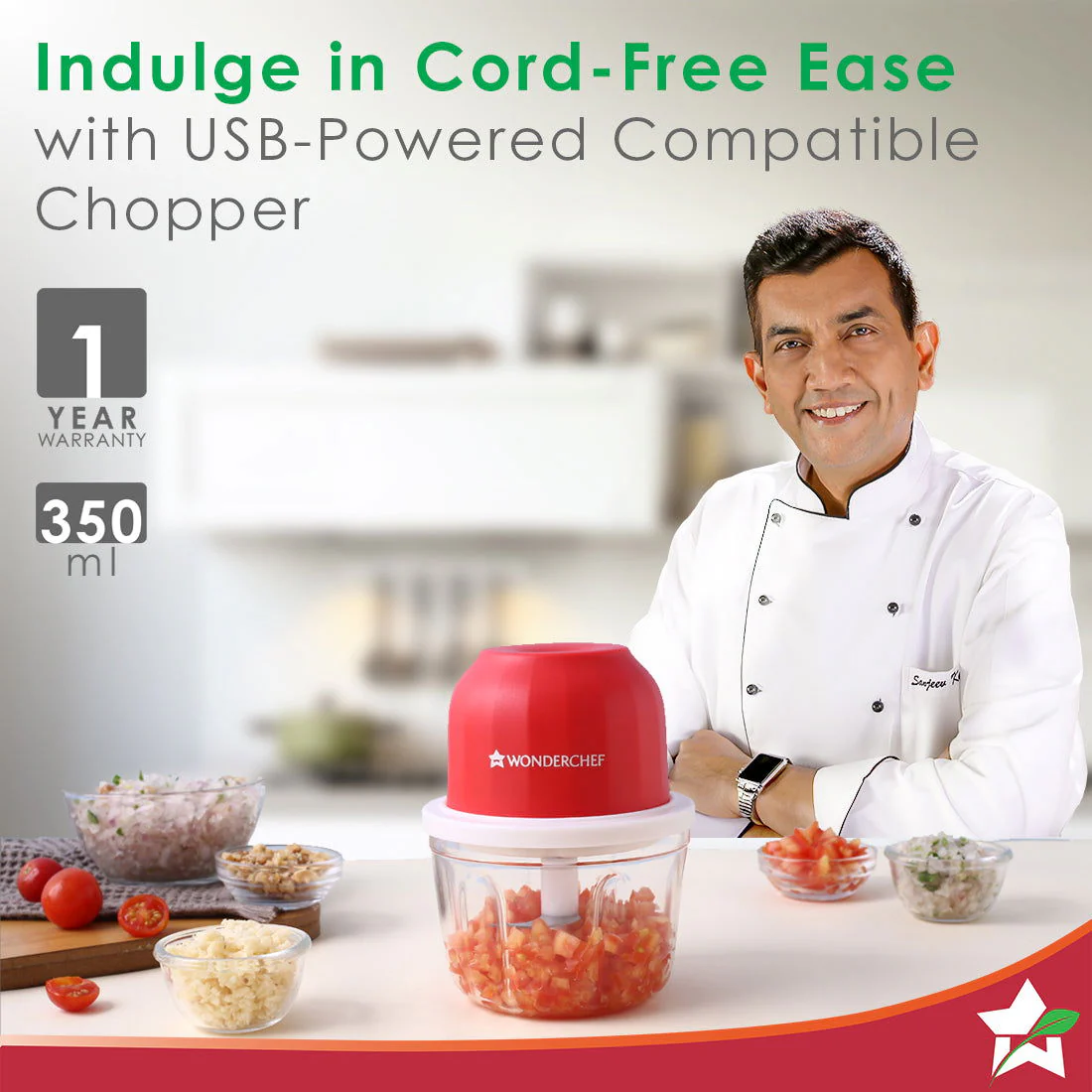 Zippy Rechargeable Wireless Electric Cordless Chopper, Stainless Steel Blades, One Touch Operation, 10 Seconds Chopping, Mincing Vegetable, Meat - 350 ML, 30 Watts, 1 Year Warranty - Image 2